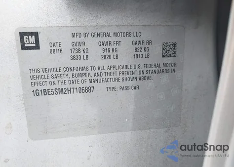 2017 Chevrolet Cruze Lt Auto z USA, uszkodzony, nr VIN 1G1BE5SM2H7106887